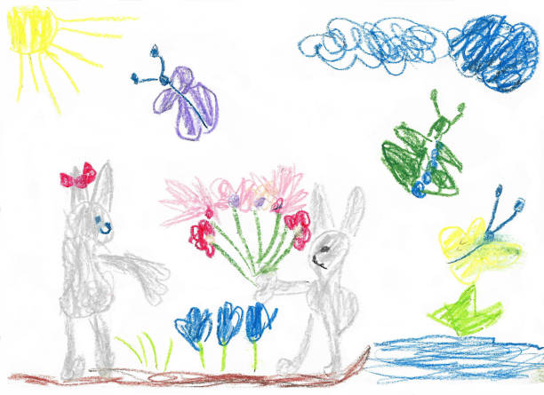 istock Rabbit gives flowers to other rabbit. Butterflies, sun, clouds on a white background, hand drawn illustration is similar to a child’s drawing 1336721860