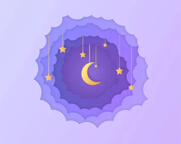 Vector illustration of Night sky clouds round frame with stars on rope in paper cut style