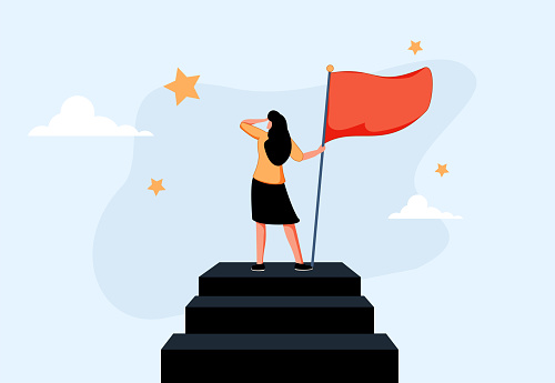 Success female entrepreneur, woman leadership or challenge and achievement concept, success businesswoman on top of career staircase holding winning flag looking for future visionary.