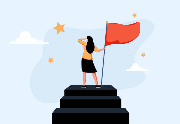 Success female entrepreneur, woman leadership or challenge and achievement concept, success businesswoman on top. Success female entrepreneur, woman leadership or challenge and achievement concept, success businesswoman on top of career staircase holding winning flag looking for future visionary. steps stock illustrations