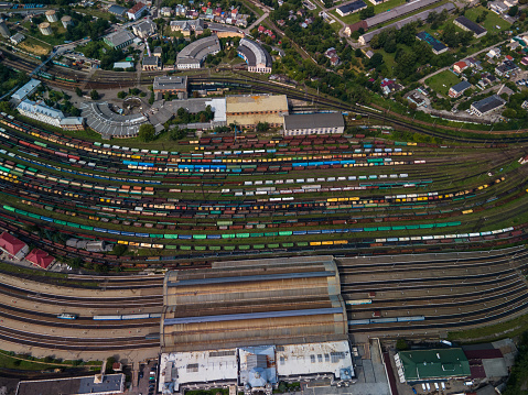 aerial view of railroad hub city urban