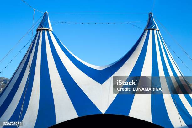 Circus Tent Stripped Blue And White Stock Photo - Download Image Now - Circus Tent, Blue, Art