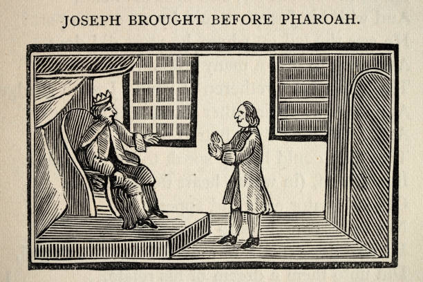 ilustrações de stock, clip art, desenhos animados e ícones de joseph brough before the pharoah, vintage 18th century woodcut illustration - joseph