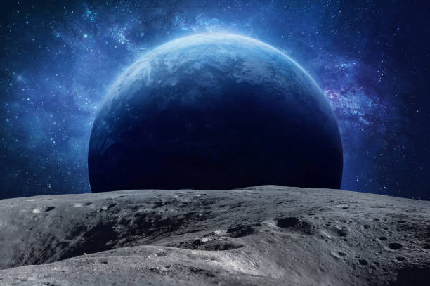 istock Earth and Moon surface in space. Blue planet sci-fi wallpaper. Asteroid and planet. Elements of this image furnished by NASA. 1336731076