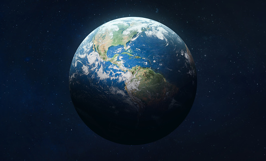 Planeta tierra sobre fondo oscuro. Superficie de la Tierra. Esfera azul. Elementos de esta imagen proporcionados por la NASA. photo