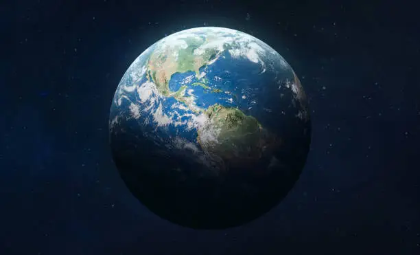 Photo of Earth planet on dark background. Surface of Earth. Blue sphere. Elements of this image furnished by NASA.