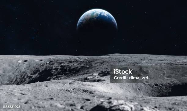 Moon Surface And Earth On The Horizon Space Art Fantasy Black And White Elements Of This Image Furnished By Nasa Stock Photo - Download Image Now