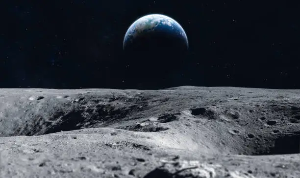 Photo of Moon surface and Earth on the horizon. Space art fantasy. Black and white. Elements of this image furnished by NASA