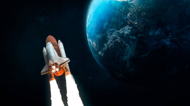 istock Space shuttle on orbit of Earth planet. Exploration of deep space. View from ISS. Space wallpaper. Elements of this image furnished by NASA 1336731097