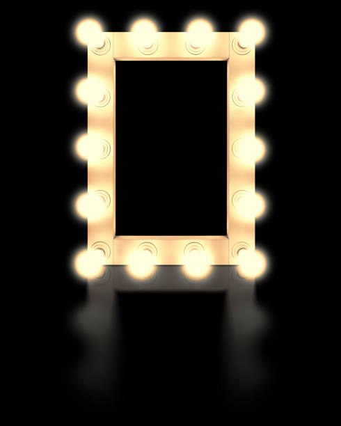 istock Vintage white mirror frame with glowing lamps, isolated on black background. Make-up mirror with built-in lamps. Professional luminous mirror with reflection. 1336734514
