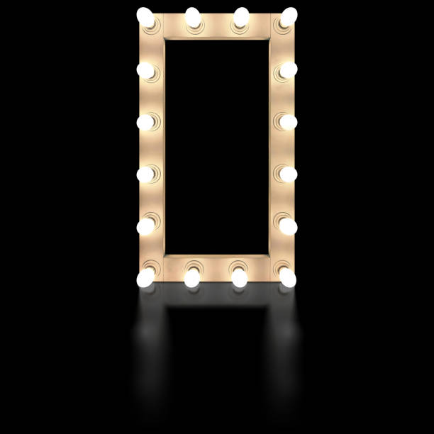 istock Vintage white mirror frame with glowing lamps, isolated on black background. Make-up mirror with built-in lamps. Professional luminous mirror with reflection. 1336734546