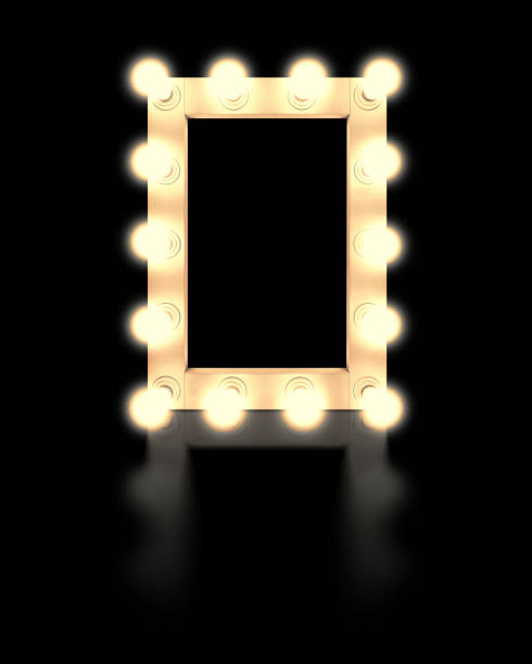 istock Vintage white mirror frame with glowing lamps, isolated on black background. Make-up mirror with built-in lamps. Professional luminous mirror with reflection. 1336734570