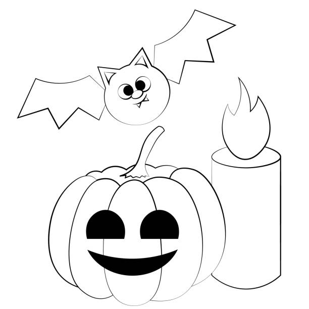 illustrations, cliparts, dessins animés et icônes de mini set avec chauve-souris, citrouille et bougie en noir et blanc - computer icon black and white flame symbol