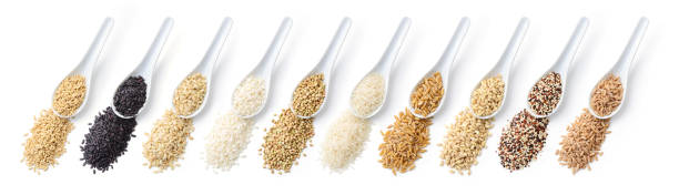穀類。左からオート麦、黒米、玄米、カルナロリ米、そば、バスマティ米、ホラサン小麦、大麦、キヌア、スペルトが白い背景に置き離され、上の景色。 - clipping path rice white rice basmati rice ストックフォトと画像