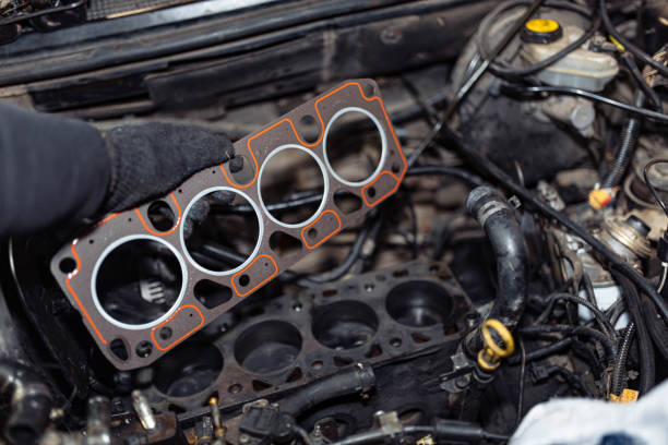 car engine repair, replacement of the cylinder head gasket. stock photo