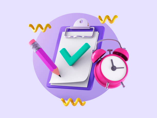 Clipboard with check mark, alarm clock and pencil. Business concept