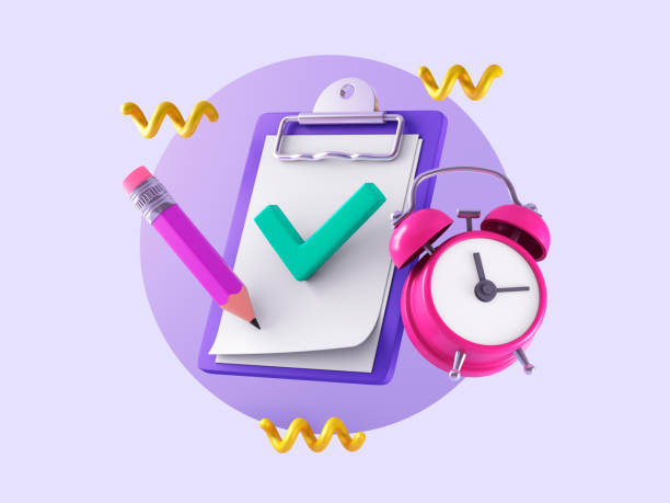 prancheta com marca de verificação, despertador e lápis. conceito de negócio - checkbox checklist check mark clipboard - fotografias e filmes do acervo