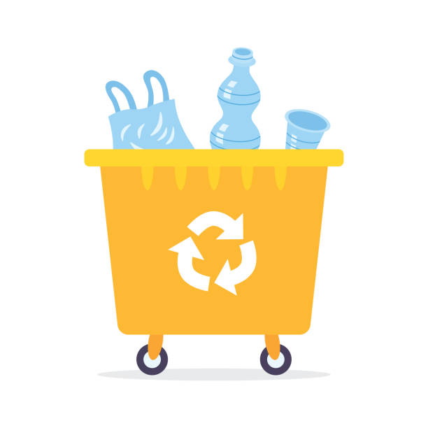 Yellow garbage can with plastic Yellow recycling garbage can or dumpster isolated full with plastic rubbish, wheelie trash bin flat vector illustration, waste management. recycling bin stock illustrations