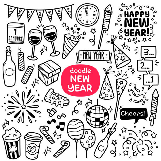 New Year Party Doodle Illustration Doodle vector set: New year party related objects and elements such as fireworks, countdown, party, etc. Black and white line illustration black and white party stock illustrations