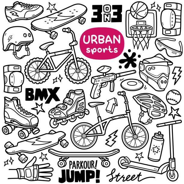 Urban Sports Doodle Illustration Doodle vector set: Urban sports equipments and objects such as skateboarding, cycling, skating, etc. Black and white line illustration black and white eyeglasses clip art stock illustrations