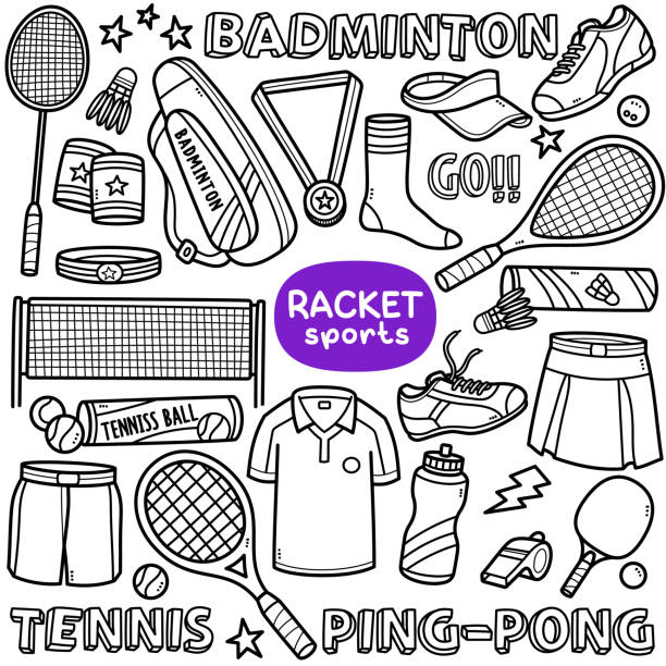 illustrazioni stock, clip art, cartoni animati e icone di tendenza di racchetta sport doodle illustrazione - tennis silhouette tennis racket tennis ball