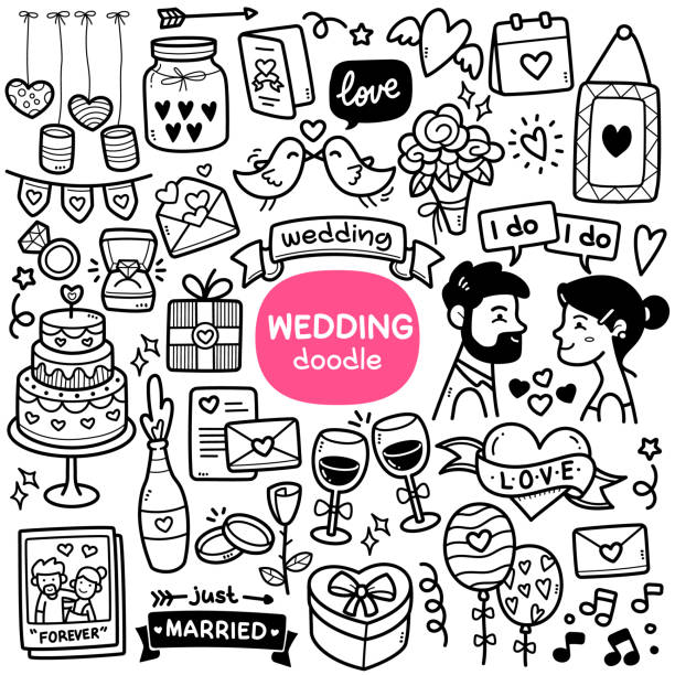 Wedding Doodle Illustration Doodle vector set: wedding party objects and elements such as wedding cake, gift, toast, balloon, etc. Black and white line illustration confetti clipart stock illustrations