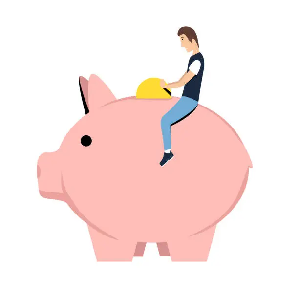 Vector illustration of Man sitting in a giant piggy bank putting a coin