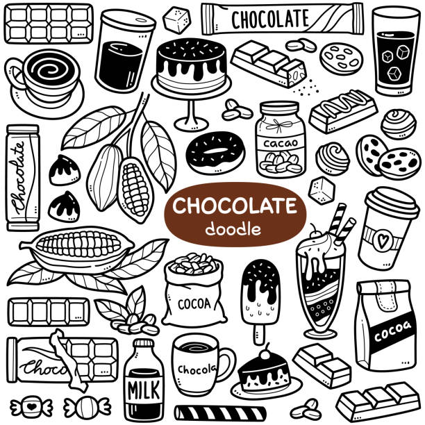 Chocolate Doodle Illustration Doodle vector set: Cacao and chocolate product such as cocoa bean, cocoa powder, ice cream, cake etc. Black and white line illustration tartuffo stock illustrations