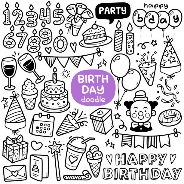 Birthday Doodle Illustration Doodle vector set: Birthday party objects and elements such as cake, clown, candle, gift, etc. Black and white line illustration black and white party stock illustrations