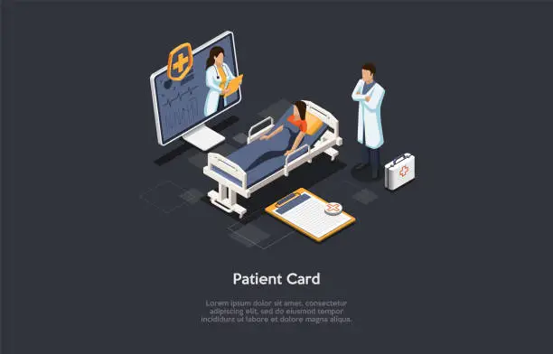 Vector illustration of Isometric 3D Illustration. Cartoon Style Vector Composition On Patient Personal Medical Card Concept. Healthcare Service Data, Private Clinic Information Base. Customer, Doctors, Desktop Computer.