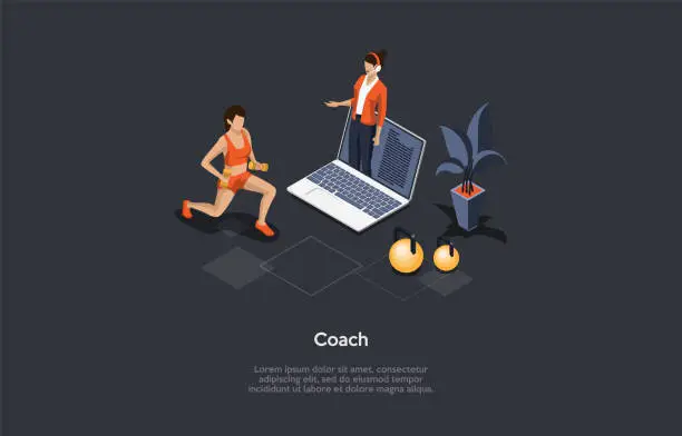 Vector illustration of Isometric 3D Illustration. Cartoon Style Vector Composition On Personal Online Sport Coach Concept. Remote Gymnastics, Healthy Lifestyle And Fitness Exercises Concept. Woman In Sportswear, Laptop.