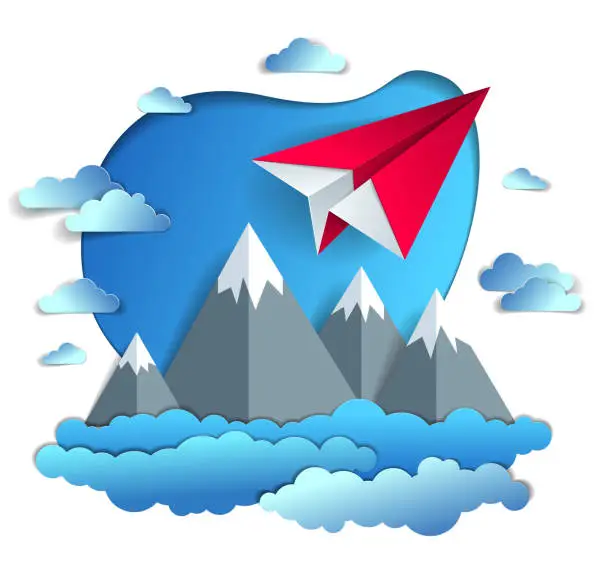 Vector illustration of Origami paper plane toy flying in the sky over mountain peaks, perfect vector illustration of scenic nature landscape with toy jet take off mountain range, airlines air travel theme.