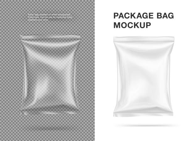 Food snack pillow bag on white and transparent background. Vector illustration. Can be use for template your design, promo, adv.  Easy change solid color. EPS10. sachet stock illustrations