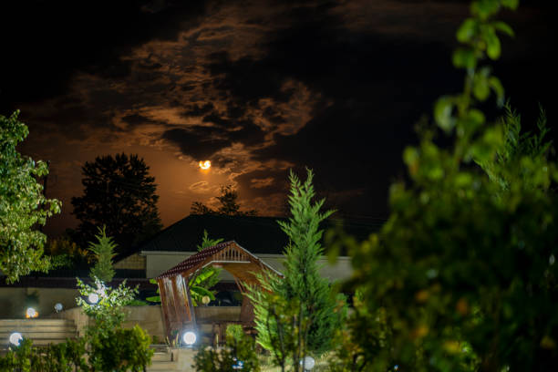 night, full moon in the courtyard with gazebos, bulbs are on