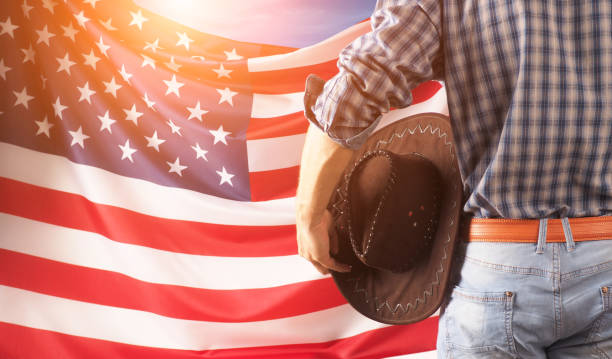 Worker on nation flag background. Labor day holiday concept. USA
