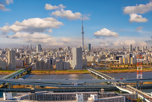 Downtown Tokyo city skyline cityscape of Japan at sunset