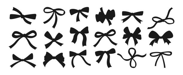 Bow ribbon black set decoration packaging design Bow ribbon silhouette black flat set. Festive decoration, packaging, invitation elements for sale shopping Birthday Party, Valentine Day or Wedding design. Holiday anniversary surprise gift symbol tied bow stock illustrations