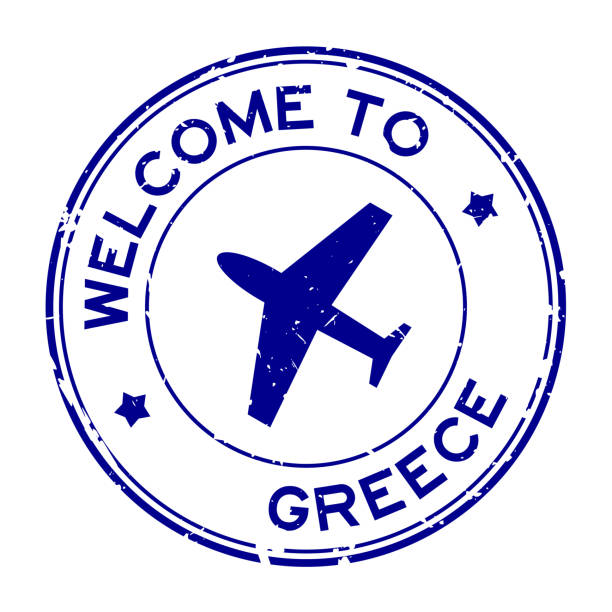 ilustrações de stock, clip art, desenhos animados e ícones de grunge blue welcome to greece word with airplane icon round rubber seal stamp on white background - greece