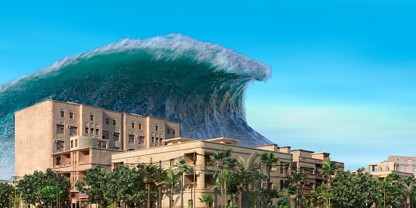 3D illustration tsunami wave apocalyptic water view urban flood Storm