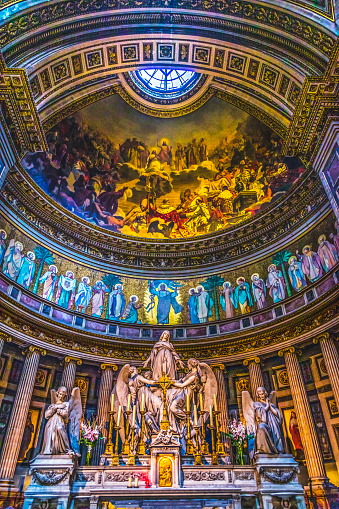 Mary Madeleine Angels Statues Altar La Madeleine Church Paris France. Catholic church created in 1800s as Temple to glory of Napoleon's army, later renamed for Mary Magdalene