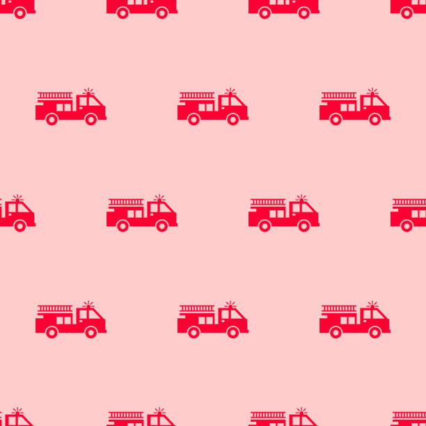 ilustrações de stock, clip art, desenhos animados e ícones de seamless pattern two color fire truck icon with light pink background - two tone