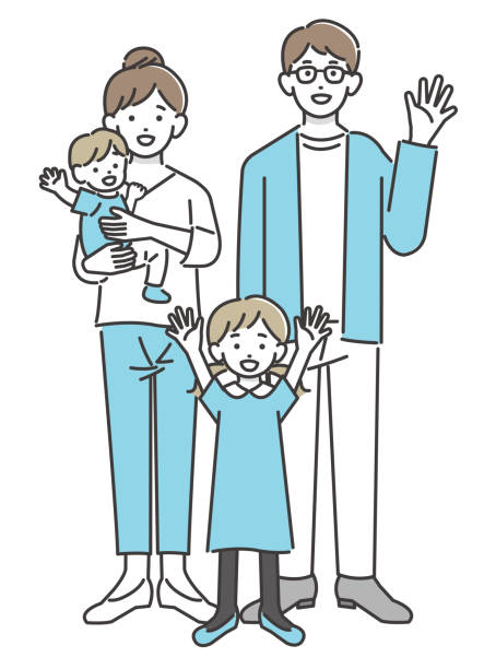 Vector illustration of a young family waving with a smile Material / Simple / Children / Couple / Baby Vector illustration of a young family waving with a smile Material / Simple / Children / Couple / Baby caricature portrait board stock illustrations