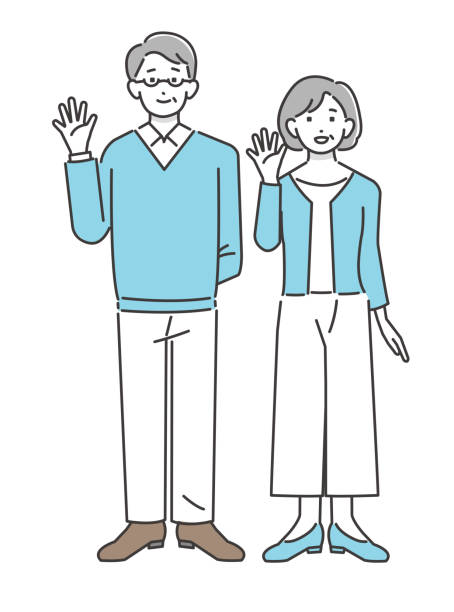 Vector illustration of senior couple waving with a smile Material / Simple / Senior / Couple Vector illustration of senior couple waving with a smile Material / Simple / Senior / Couple caricature portrait board stock illustrations