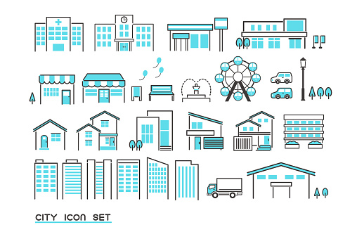 Simple and cute cityscape icon set / vector illustration material / summary / hospital / school0