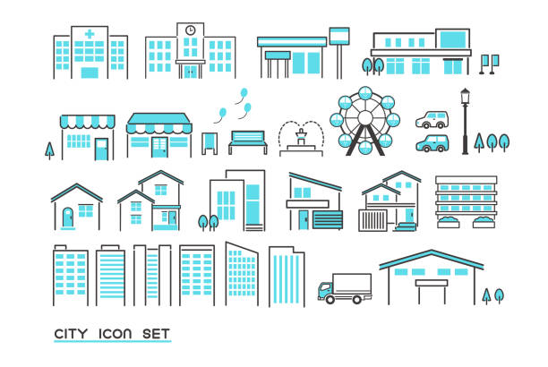 simple and cute cityscape icon set / vector illustration material / summary / hospital / school - 商店 插圖 幅插畫檔、美工圖案、卡通及圖標