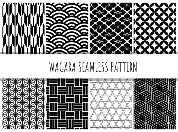 ilustraciones, imágenes clip art, dibujos animados e iconos de stock de conjunto de patrones sin fisuras de patrón japonés / vector / estilo japonés - colorido