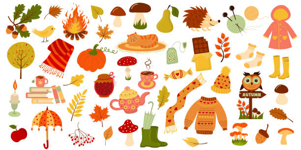 Autumn set. Hello autumn, fall season icons collection. Autumn set. Hello autumn, fall season icons collection. Perfect for web, card, poster, cover, tag, invitation, sticker kit. oak fire stock illustrations