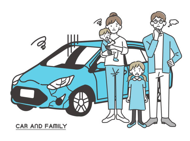 Vector illustration material of accident car and family with troubled face / car / travel / family / outing / sedan Vector illustration material of accident car and family with troubled face / car / travel / family / outing / sedan car crash accident cartoon stock illustrations