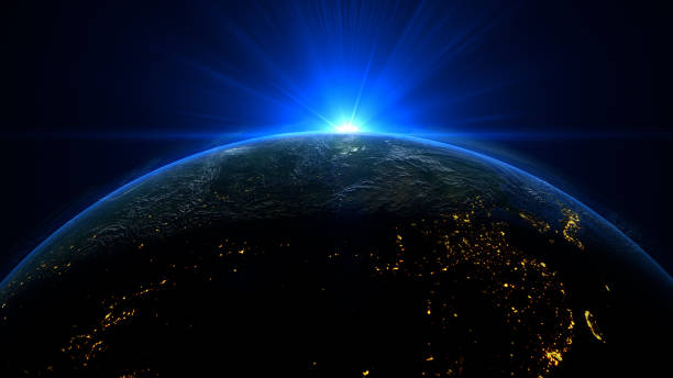istock Sunrise and shadow on the earth in space with star in universe. World realistic atmosphere 3D volumetric clouds texture surface.  Elements of this image are furnished by NASA 1336807263