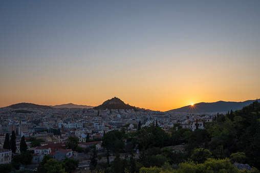 View of Athens at sunrise from Areopagus Hill